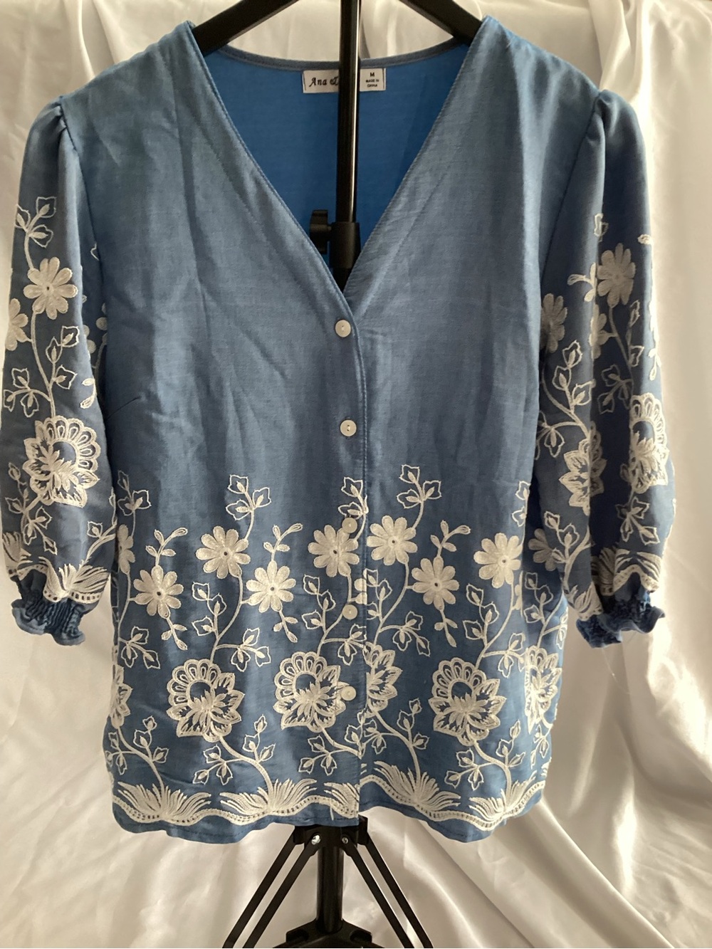Blue Embroidered V-Neck Tunic Top - Puff Sleeve
